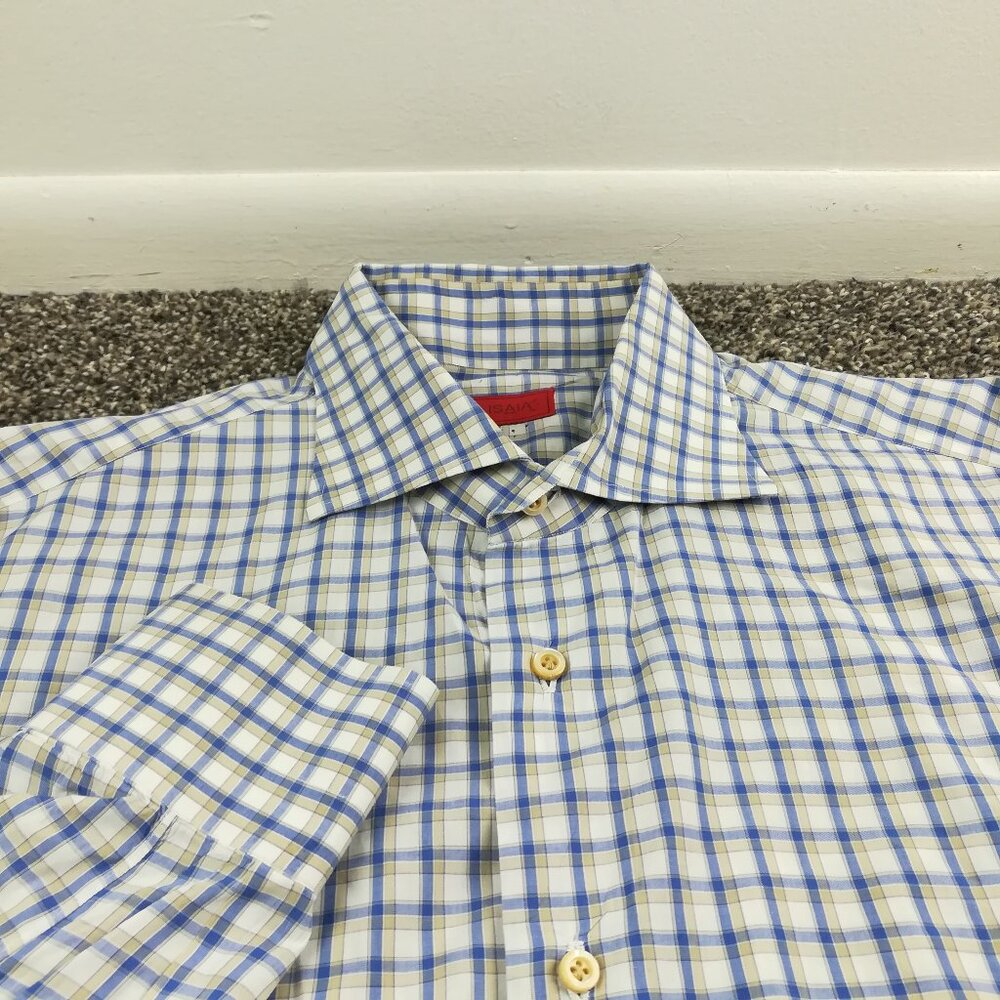 Isaia Napoli Dress Shirt Blue Beige Tan Plaid Size 17.5 | 44